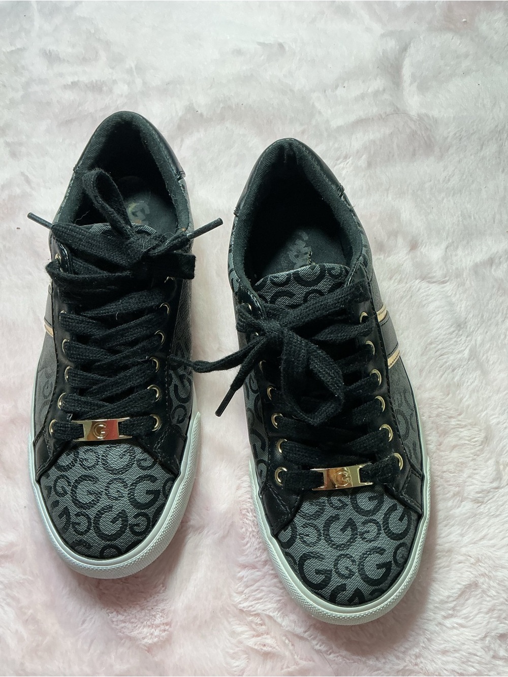 G by Guess Black GG Logo Lace-Up Sneakers with Gold Accents b82